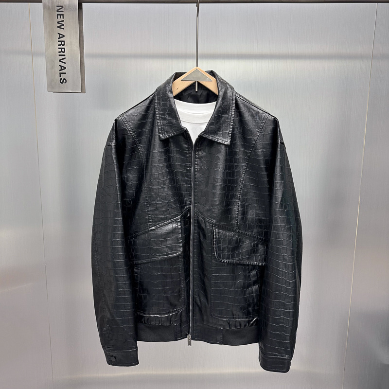 Spring Men's New Lapel Crocodile Pattern PU Jacket Fashion Trendy Cool Imitation Leather Jacket Men's Jacket B2BCF1193