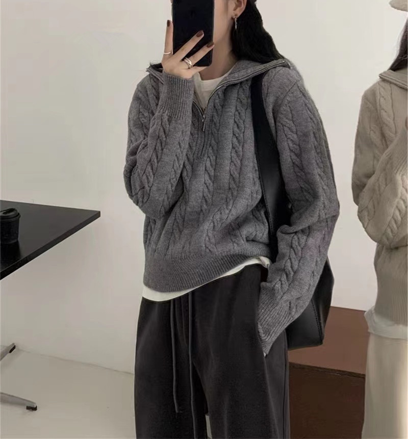 Damen-Zopfmusterpullover mit Reißverschlussdetail | Grobstrickpullover im Retro-Stil für Herbst und Winter | Locker sitzendes, hochgeschlossenes Langarmoberteil_voghion.com