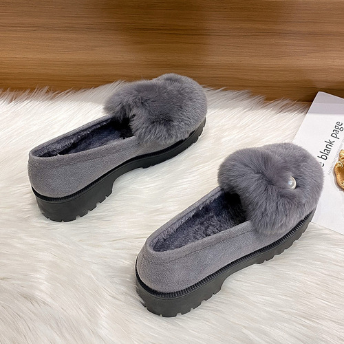 Women's Winter Outerwear Hiking Shoes 2024 New Fuzzy Rabbit Hair Cotton Shoes Thick Heel Thick Sole One-Piece Bead Shoes
