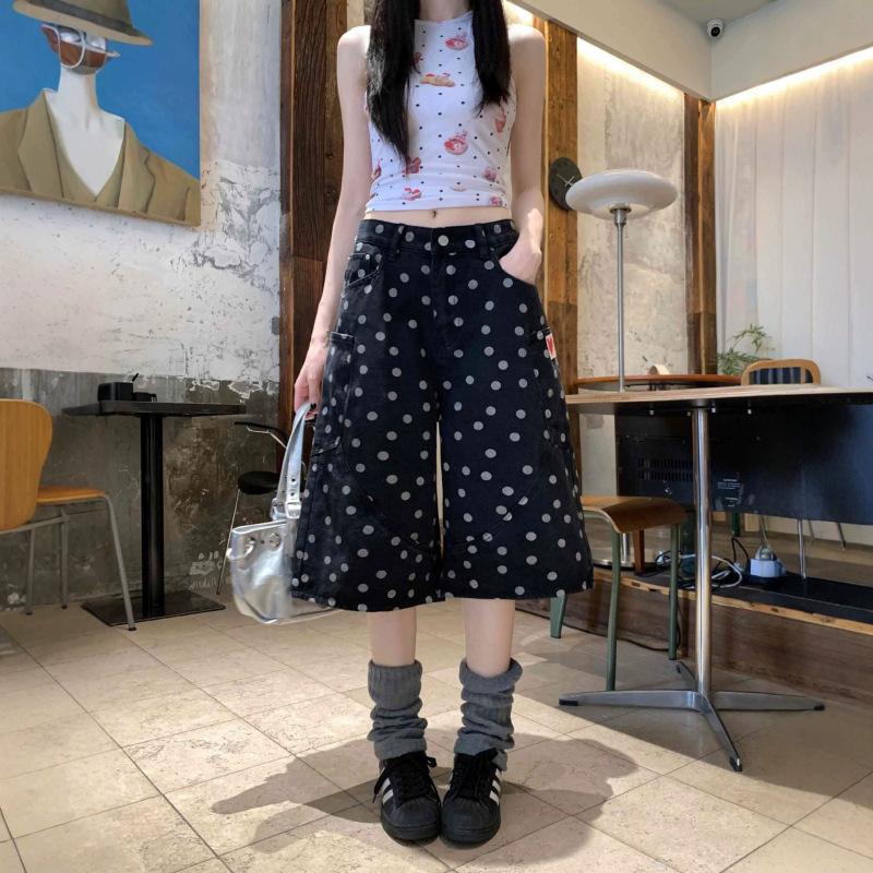 American Retro Polka Dot All-Over Print Denim Cropped Pants for Women, Summer Loose Slimming Wide-Leg Cropped Jeans for Women