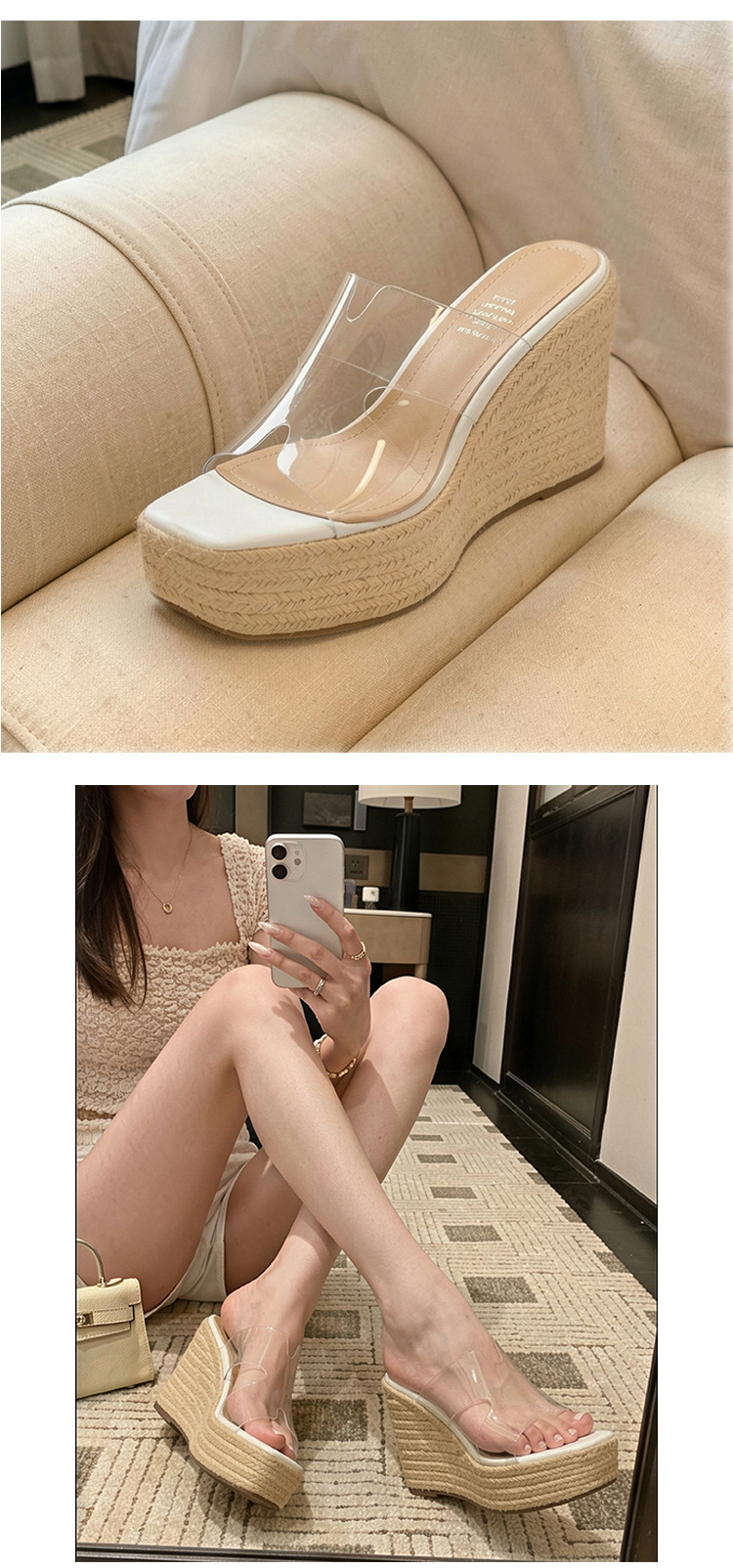Sandal cao gót nữ hở mũi đế xuồng đan rơm, gót 9 cm — màu trắng, màu mơ chi tiết 17