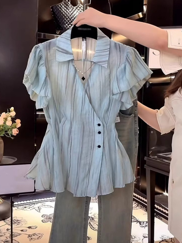 フレンチ半袖シャツトップス 2025 夏の新ハイエンド多用途ウエスト気質パフスリーブシャツ女性用|undefined