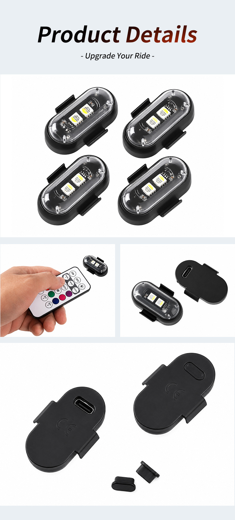 Wireless Remote Control Aircraft Light for Foreign Trade, Multi-Mode Colorful LED Strobe Light, Rechargeable RGB Warning Light for Cars and Motorcycles