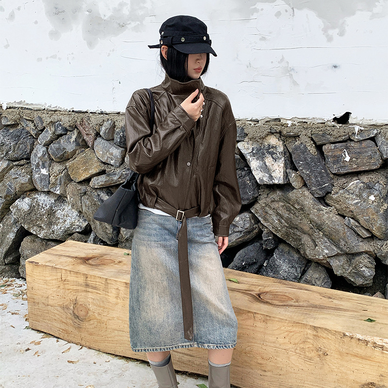Korean-style short PU leather jacket for women, new stylish versatile design with a stand-up collar and tie at the hem, easy-care leather jacket