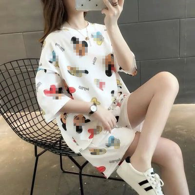 女性用夏の半袖パジャマ、キュートで甘い漫画の半袖プラスサイズのレディースレターガールホームウェア薄手のスーツ|undefined