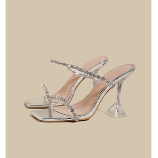 silver High Heels Women's Summer Rhinestone High Heel Sandals with High Heels Women's 2025 New Sandals and Slippers Women's Summer Outer Wear