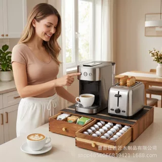 跨境木质咖啡胶囊盒新款吧台茶包茶具整理架实木桌面咖啡机支架