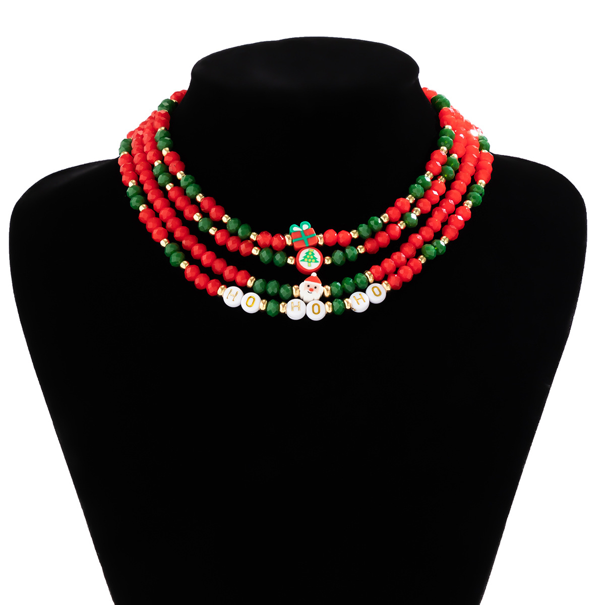 Christmas Beaded Choker Necklace With Crystal Snowman Charms_voghion.com