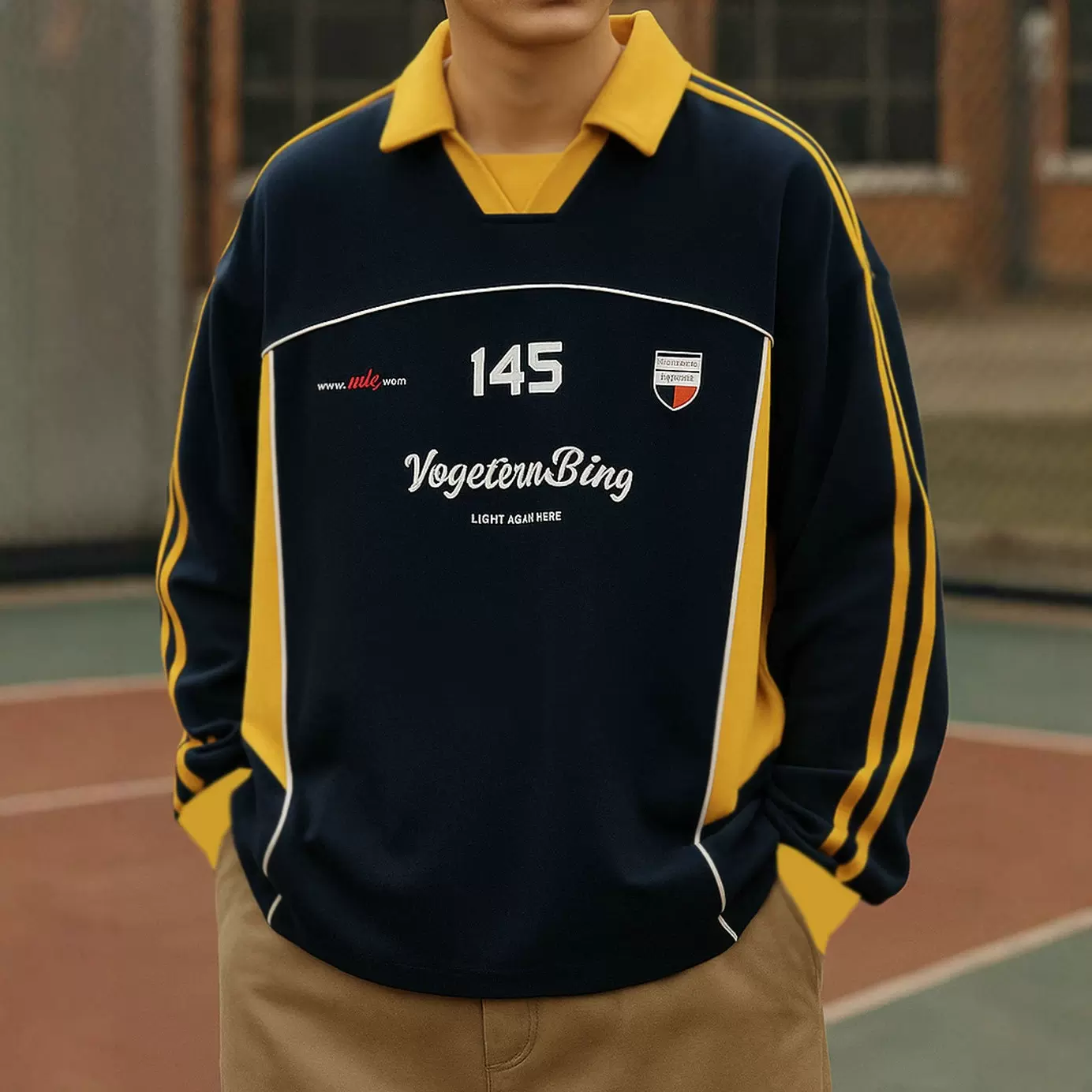 美式复古polo领运动风3D印花卫衣男春秋季款情侣潮牌高级感痞帅衫