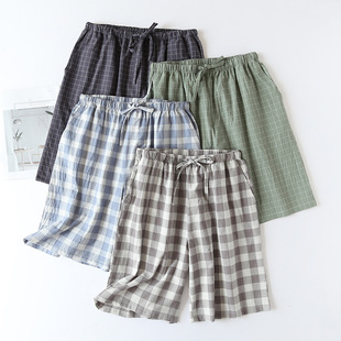 Japanese Style Plaid Pajama Pants Men's Summer Cotton Gauze Double-Layer Thin Pants Shorts Summer Beach Pants Home Pants