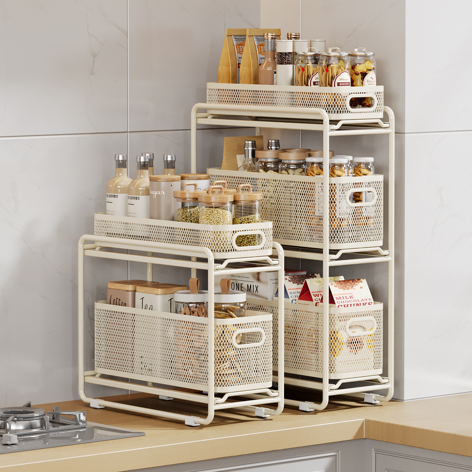 Estante dividido de gabinetes Estante de cocina Estante de almacenamiento de fregadero inferior Estante de almacenamiento de utensilios para el hogar Estante de almacenamiento de aceite, sal, salsa y vinagre