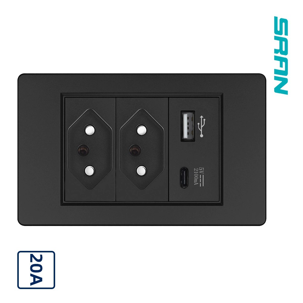 118 PC panel 20A South America Brazil socket with USB type C charging port manufacturer direct sales concealed installation
