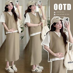 Real Shot 2025 Summer New Casual Fake Two-piece Top Belly-supporting Skirt Loose Two-piece Maternity Dress