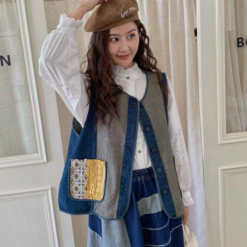 2026 Autumn New Women's Round Neck Japanese Style Vest Cardigan Ins Foreign Trade Aliexpress Denim Patchwork