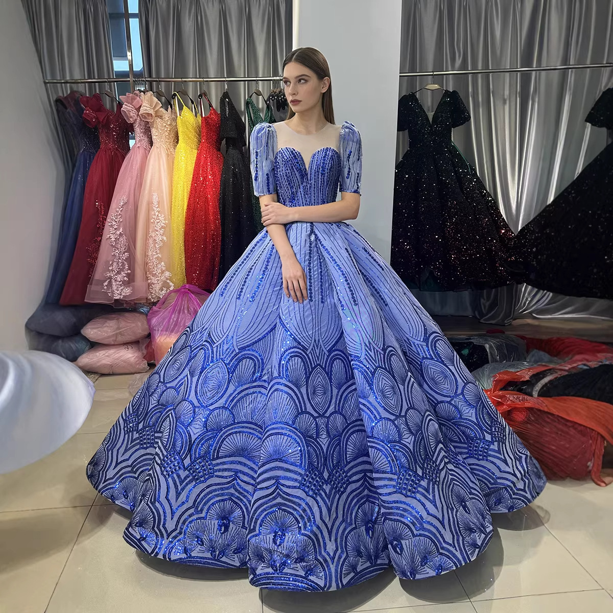 Cross-Border European and American Wedding Dresses 2026 Foreign Trade Court-Style Elegant V-Neck Performance Ball Gown Tutu Dress Toast Dress for Adults