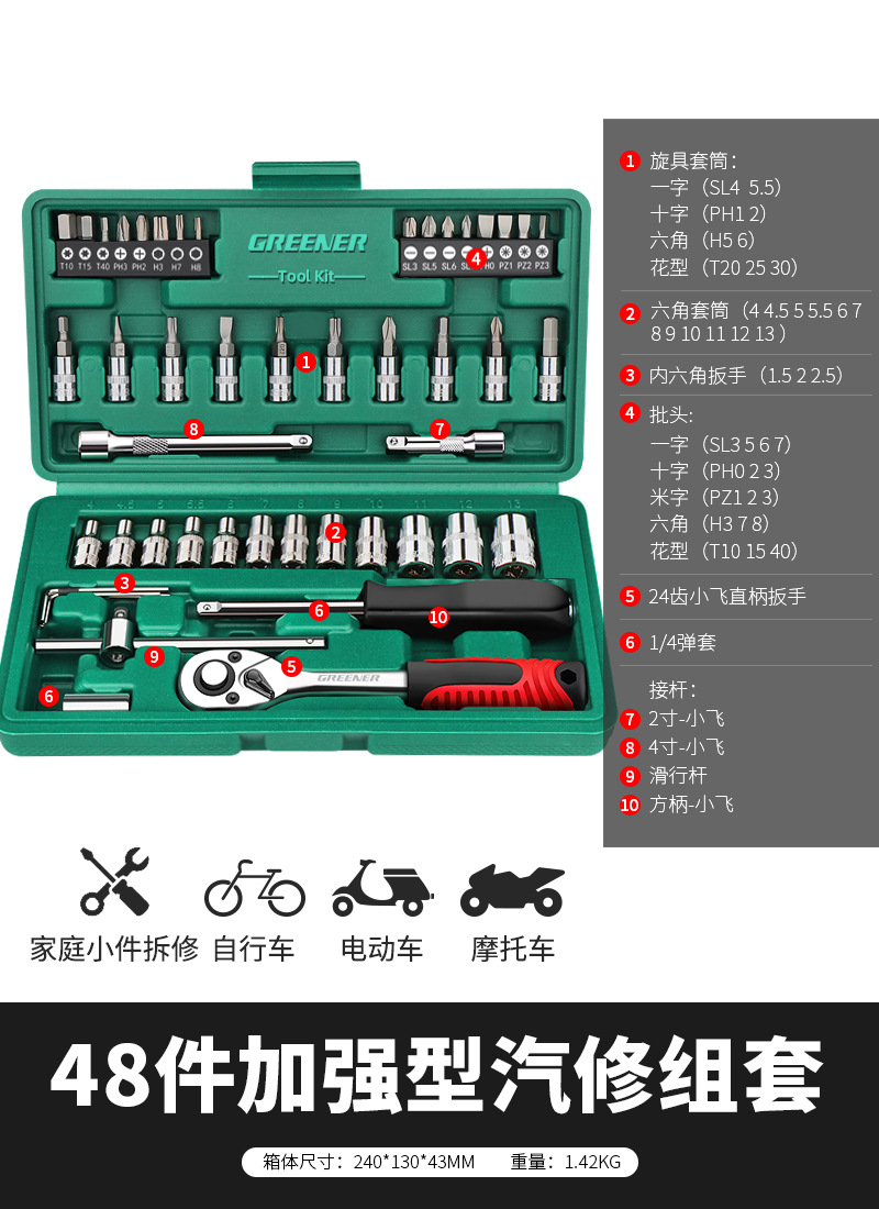 Shiyong – Ratchet Socket Sheet Metal Spray Repair - reinforced-straight-handle-48-piece-set