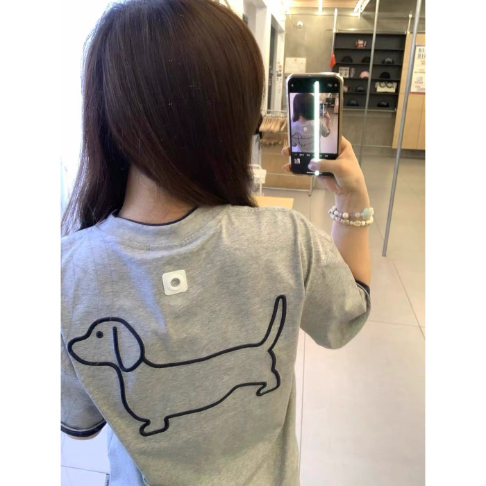 純綿アメリカンレトロコントラストカラー半袖Tシャツ子犬刺繍トレンディブランドカップル夏ルーズスリムトップ女性用|undefined