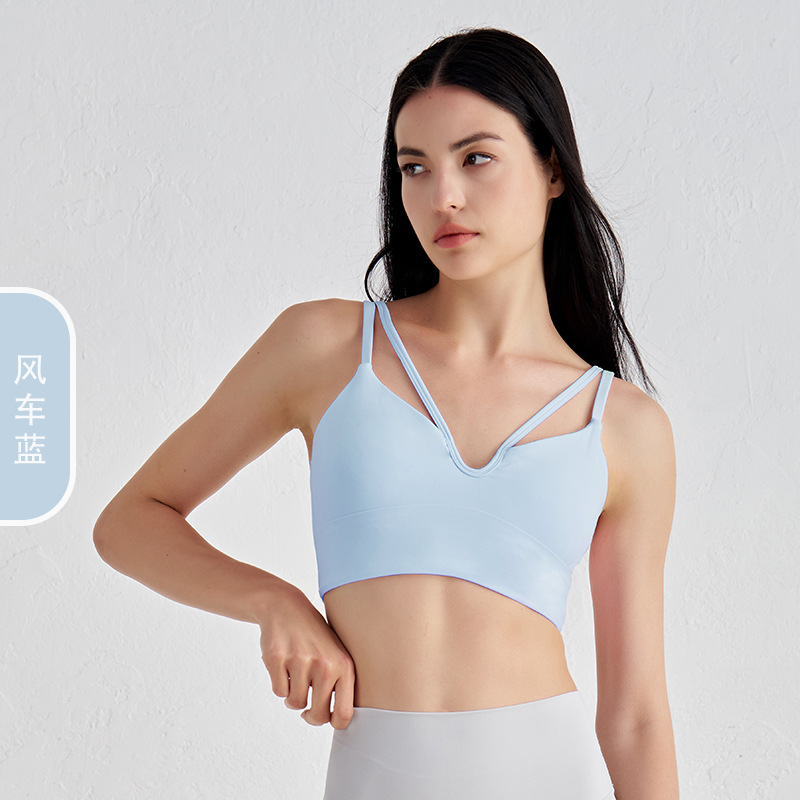 Desnudo con cuello en V, doble cabestrillo, chaleco de yoga, almohadilla para el pecho, tirantes finos, ropa interior deportiva, sujetador de fitness para mujer, hermosa espalda