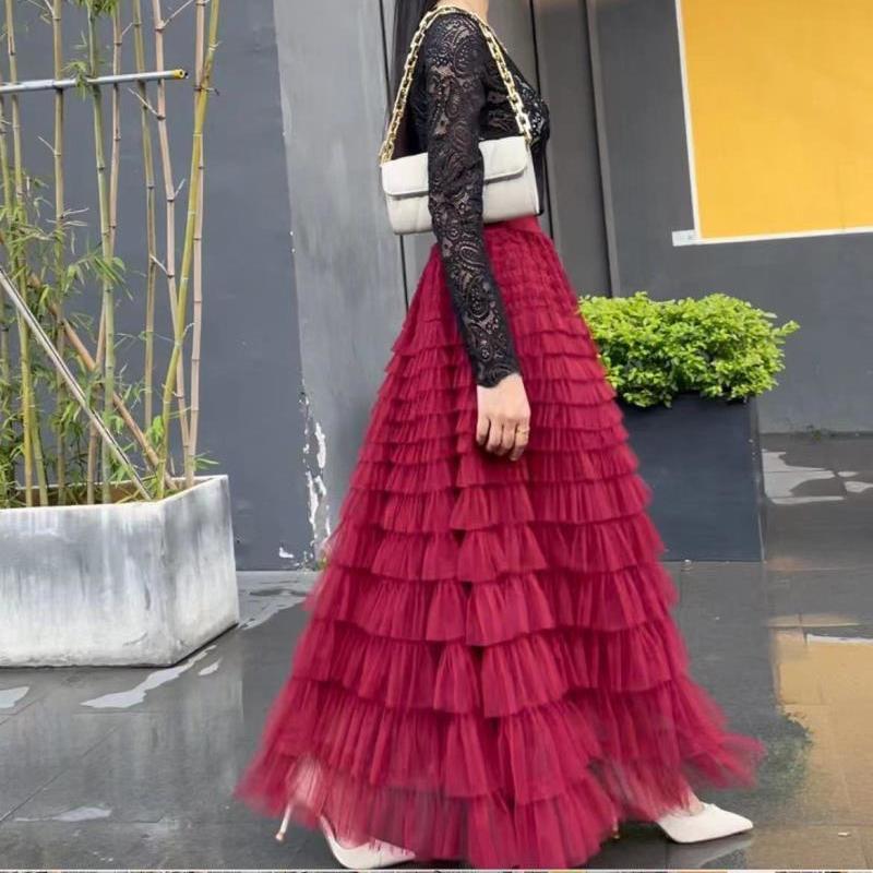 All-Match Fairy Elegant Ruffled Mesh Multi-Level Skirt Slimming Hip Covering Celebrity Cake Large Swing Long Skirt for Women