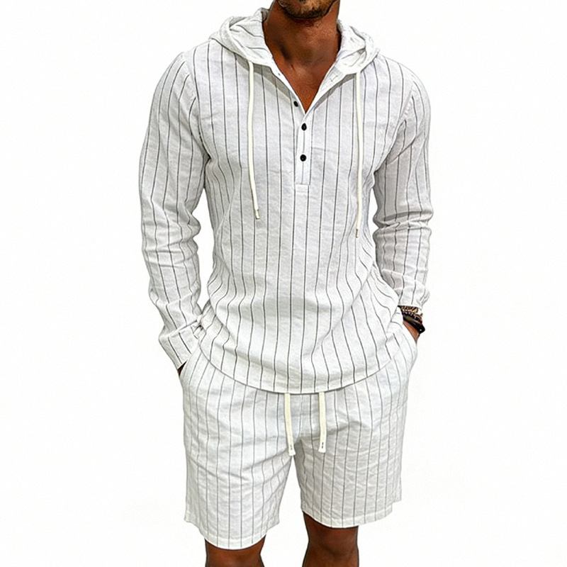 Men's Linen Long Sleeve Hooded Henley Shirt With Shorts Set, Jacquard Vertical Stripe Pattern, Relaxed Fit For Summer Commute And Casual Wear_viptrois.com