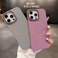 适用苹果16PRO荔枝纹TPU手机壳细圈磁吸皮质iPhone15磨砂感保护套