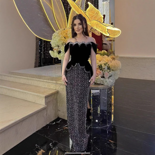 Dress2025 European and American Popular Sexy Fashion Tube Top Short-Sleeved Hot Diamond Beaded Slim Suit Skirt Evening Dress