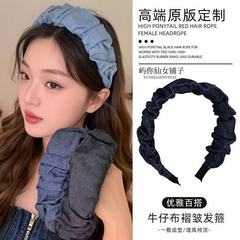 蓝色牛仔褶皱布艺发箍复古宽版头箍日常百搭发卡发饰新款头饰