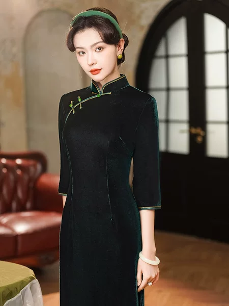 Spring New Solid Color Cheongsam Green Young Retro Slim Slim Elegant Chinese Style Dress
