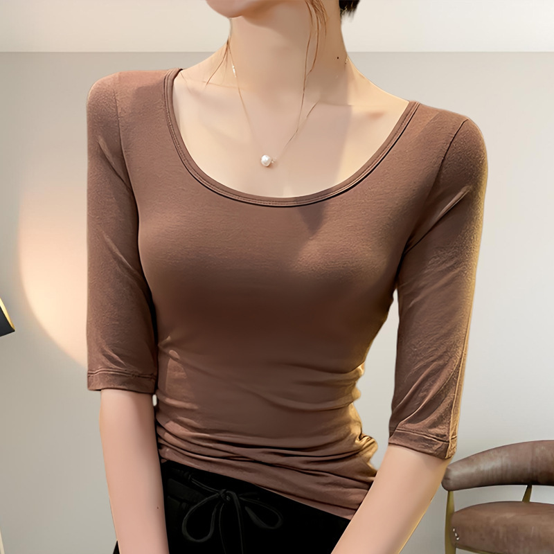 ブラックモーダルミッドスリーブTシャツレディース半袖春夏薄手ローネックスリムフィット五分袖ボトムインナートップ|undefined