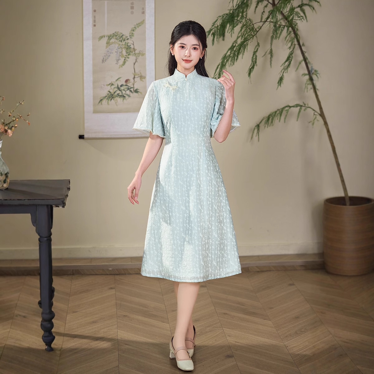 鸿韵梦春季新款改良天丝奥黛旗袍 修身气质小清新甜美少女风旗袍