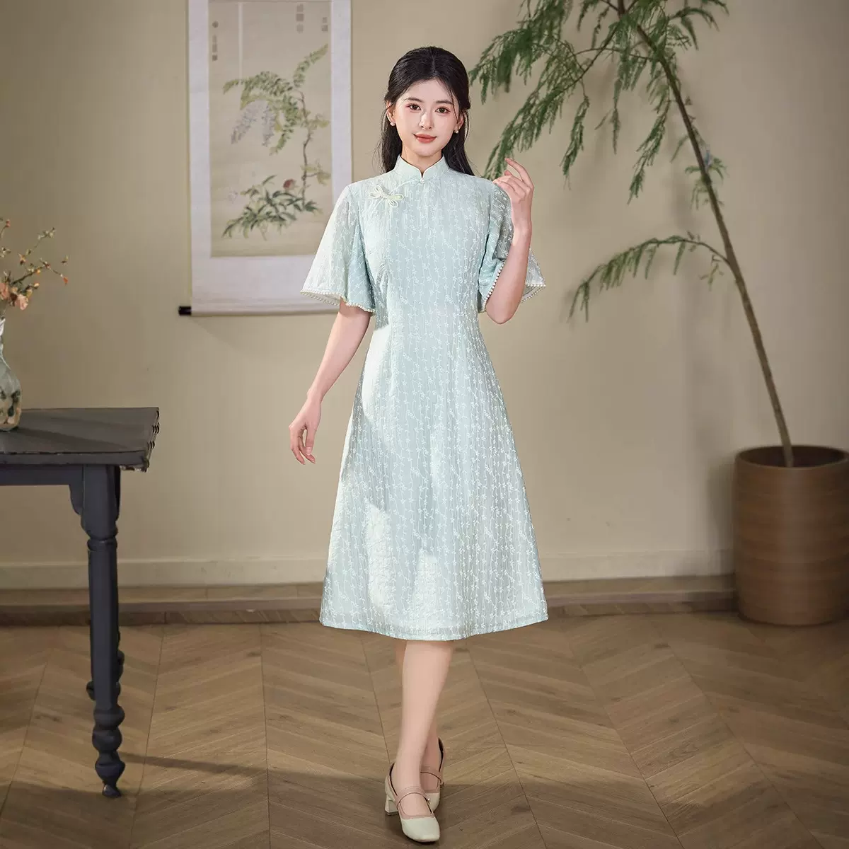 鸿韵梦春季新款改良天丝奥黛旗袍 修身气质小清新甜美少女风旗袍