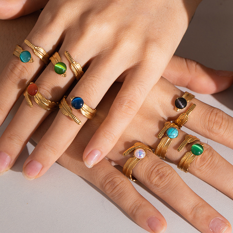 7g Weight 0.03µm Gold Plating Thickness Electroplated Gold Plating Process Golden Plated Plating Material Cat's Eye Stone Inlay Material Rings Classification 1 Piece Quantity Daily Occasion 201 Stainless Steel Material Tree Pattern Women's Gender IG Style Style Inlay Craft Wholesale Jewelry IG Style Feather Titanium Steel Natural Stone Gem Inlay Open Rings 无