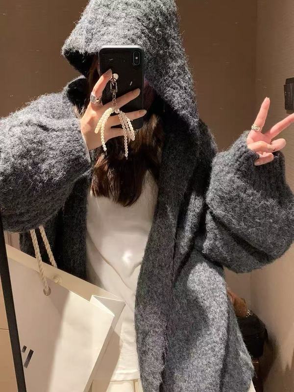 韩系软糯连帽毛衣开衫女2025秋冬新款宽松针织上衣复古外搭高级|undefined
