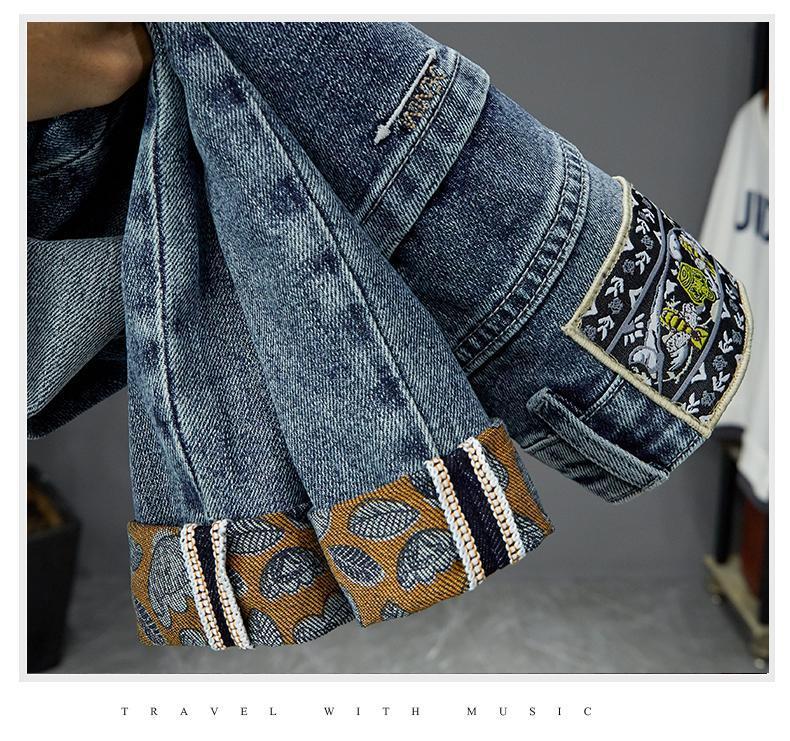 Jeans for men, high-end ruffian handsome, trendy embroidery and printing, elastic slim fit, small straight leg,_voghion.com