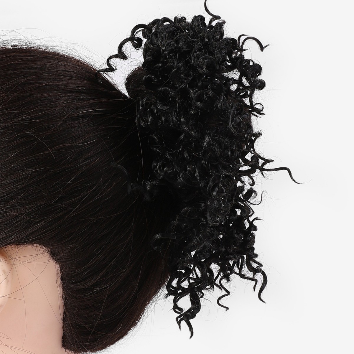 Peluca negra de cola de caballo baja con lazo para el cabello, cabello esponjoso, peinado de peluca, cabello rizado europeo y americano