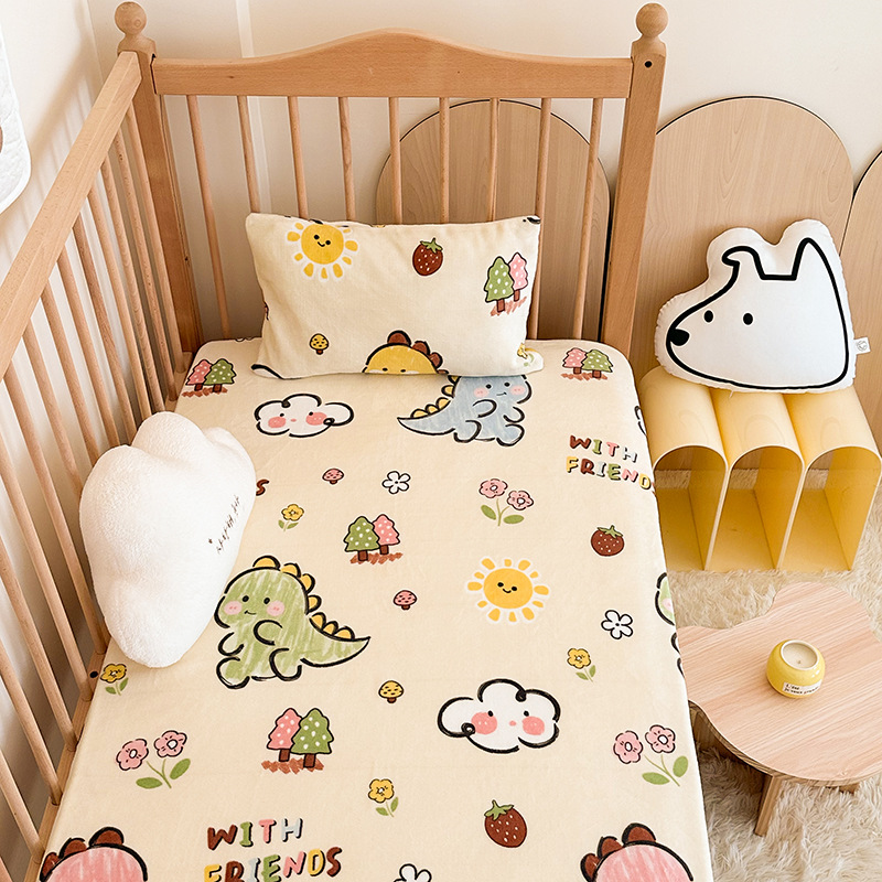 Cartoon Class a Milk Velvet Bed Bed Sheets Pillowcase Infant Splicing Mattress Cover Winter Kindergarten Baby Thickeneded Bed Bed Sheets