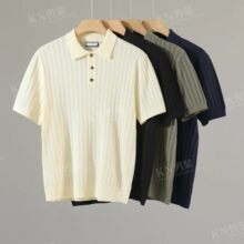 老钱风竖纹肌理针织纽扣POLO衫2026夏季男高级感透气休闲百搭短袖