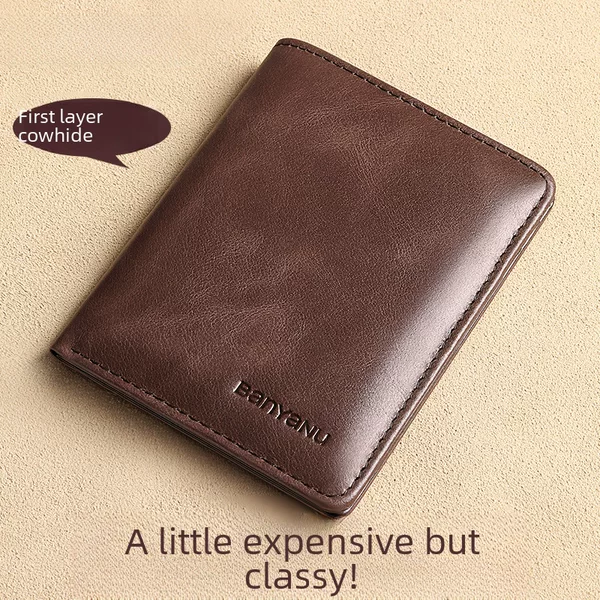 Cross-Border Guangzhou Leather Factory Wallet Men's Genuine Leather Vertical Ultra-Thin First-Layer Cowhide Simple Short Driver's License Card Holder