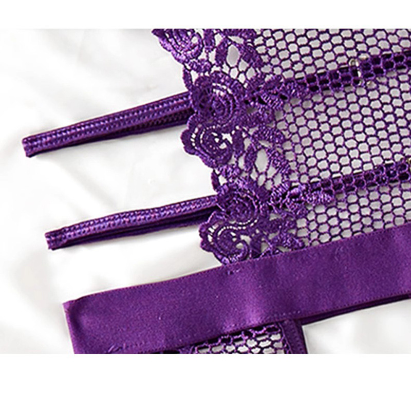 Purple Lace Underwire Jumpsuit Lingerie Set with Garters, Thong, Gloves and Stockings — detail image 17