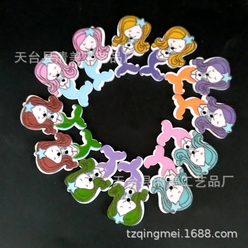 50 botones de madera de sirena pintados de dibujos animados de sirena pintados de dibujos animados de bricolaje por paquete