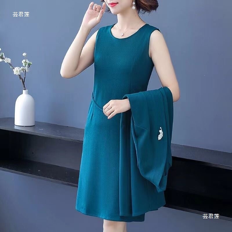 中高年のお母さんの秋服ワンピース2点セット、おしゃれな40代女性の春秋用ウインドブレーカーコートセット、アーティスティックでレトロなスタイル|undefined