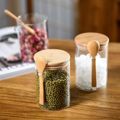 Kitchen household spice storage jar with lid, transparent glass wooden lid, sealed Japanese-style coffee bean storage jar with spoon