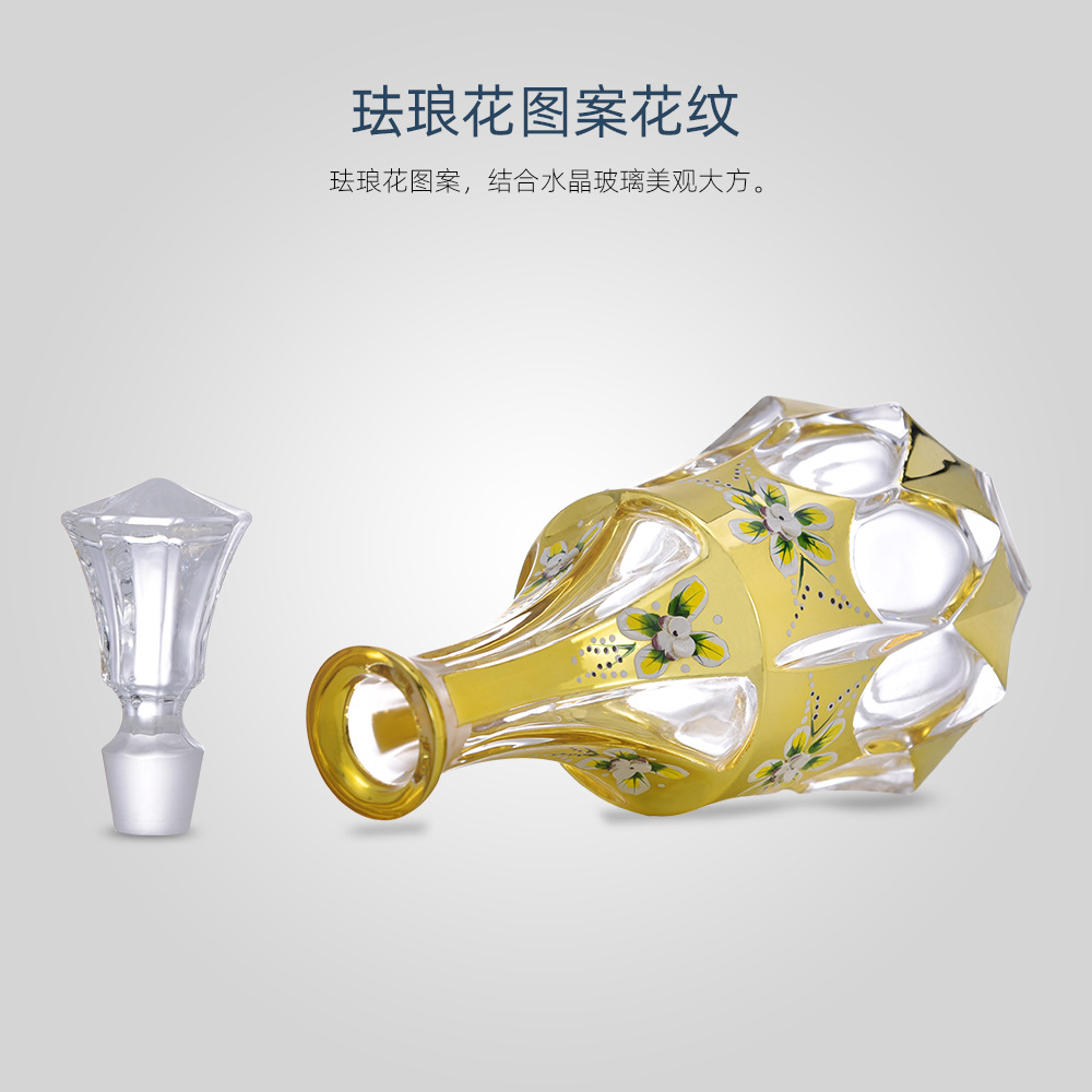 外贸出口水晶玻璃酒具 捷克真金珐琅花酒具 不规则白兰地酒具套装