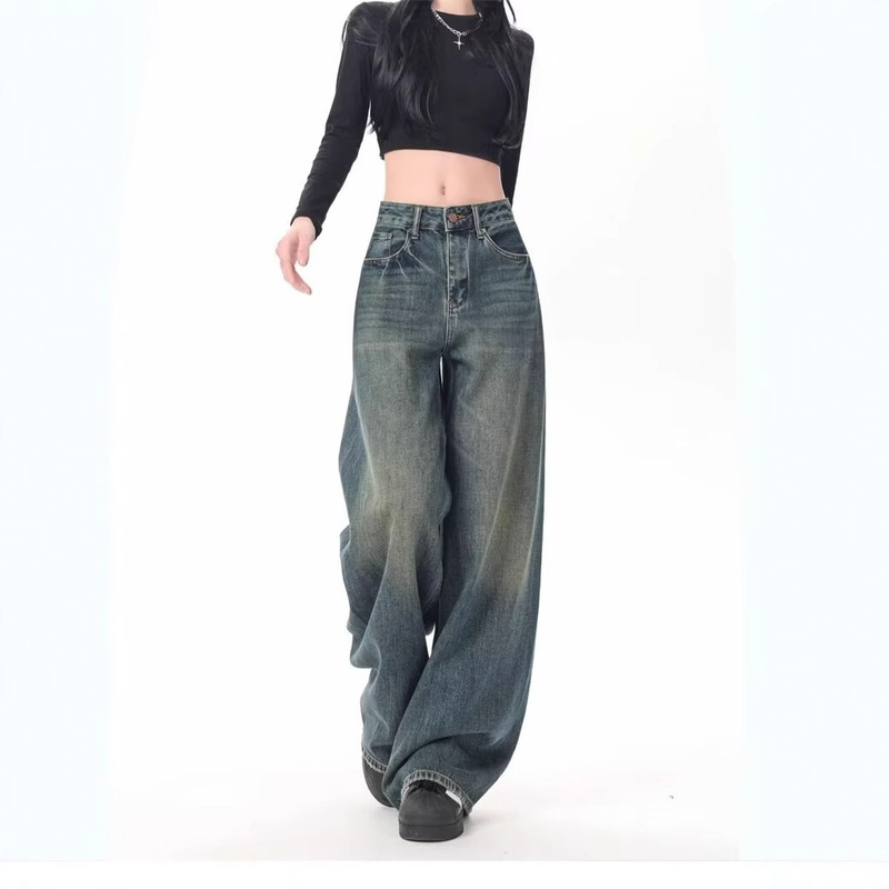 KEN STUDIO Early Autumn New American Style Retro Washed Jeans Women's Design Loose Slimming Wide Leg Pants KEN STUDIO Early Autumn New American Style Retro Washed Jeans Women's Design Loose Slimming Wide Leg Pants
