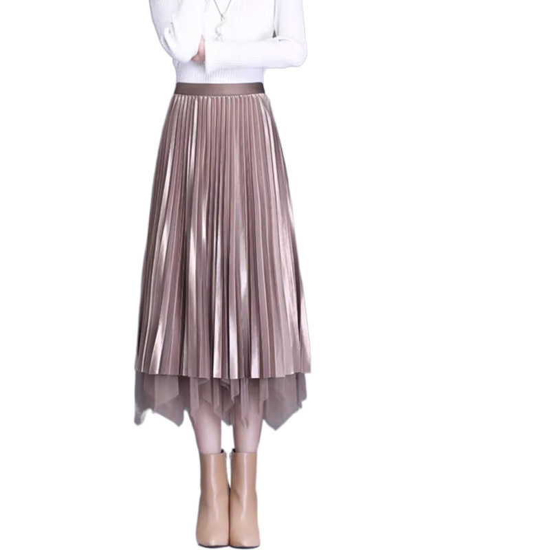 High-waisted half-length skirt for women, elastic waist, middle-long length, pleated, gold silk velvet long dress, loose, plus size, suitable for spring and autumn.