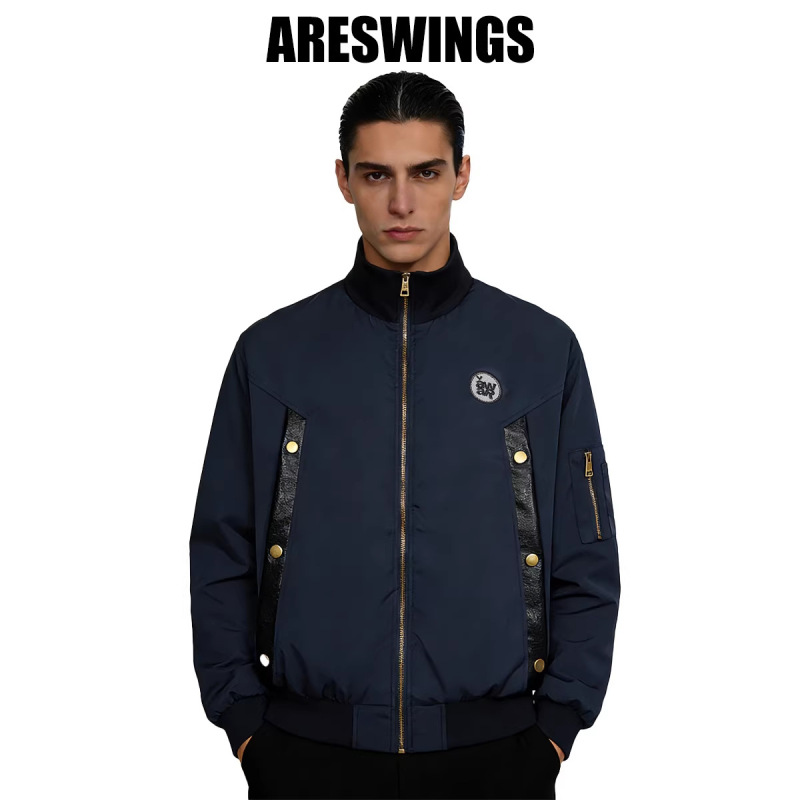 Ares Ultra-Short, Ultra-Large, Ultra-Wide Pocket Jacket with Stand-Up Collar, Embroidered Deconstructed Pilot Jacket for Men