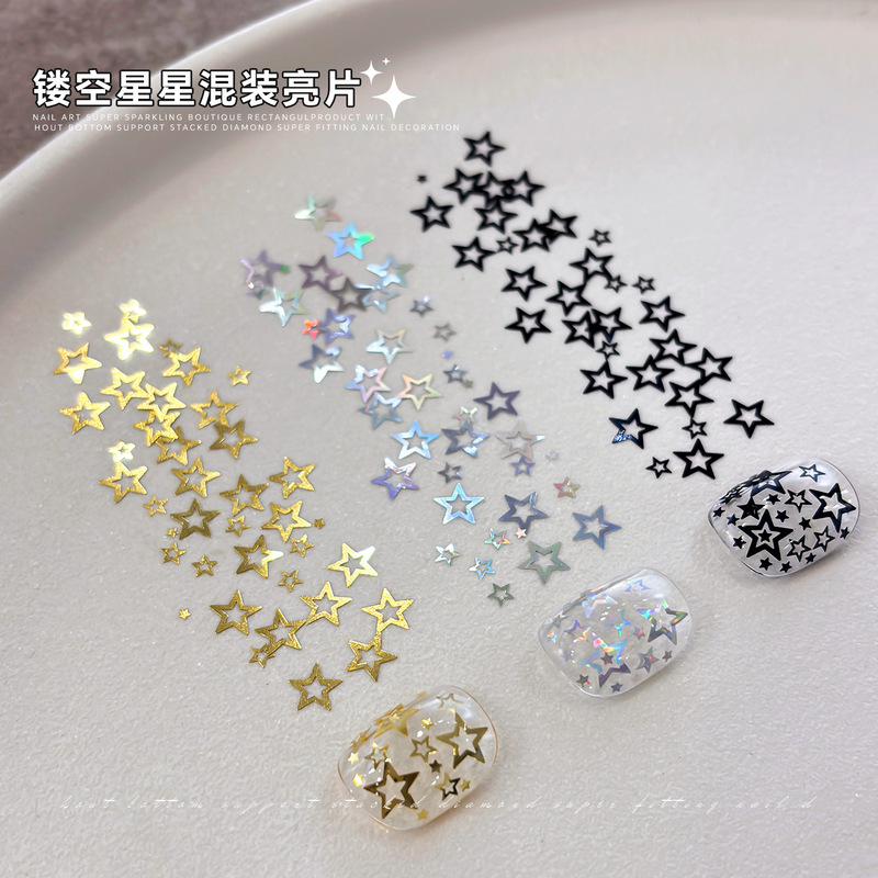 Hollow laser five-pointed star nail art sequins, trendy luxury sparkling gold and silver star nail art decorations Hollow laser five-pointed star nail art sequins, trendy luxury sparkling gold and silver star nail art decorations