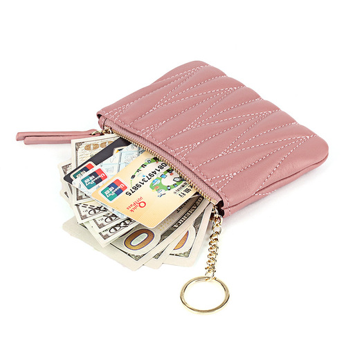 Fashionable sheepskin short small wallet ultra-thin plaid coin key storage coin bag zipper coin purse women's genuine leather