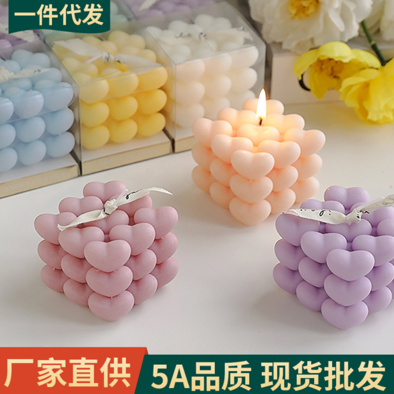 Día de San Valentín de Qixi, pequeño regalo en forma de corazón, vela de incienso de cubo Rubik, atmósfera hecha a mano, aroma de regalo de mano, vela de amor.