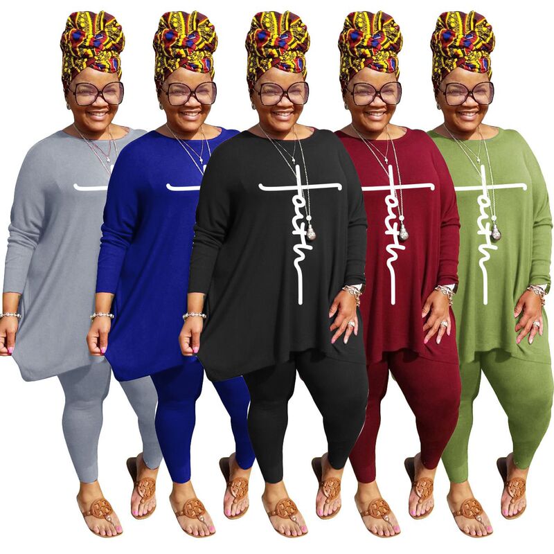 Big Sale Model Non-Refundable and Non-Exchangeable Tb5350 European and American Autumn and Winter Round Neck Loose Long-Sleeved Printed European and American Large Size Two-Piece Set